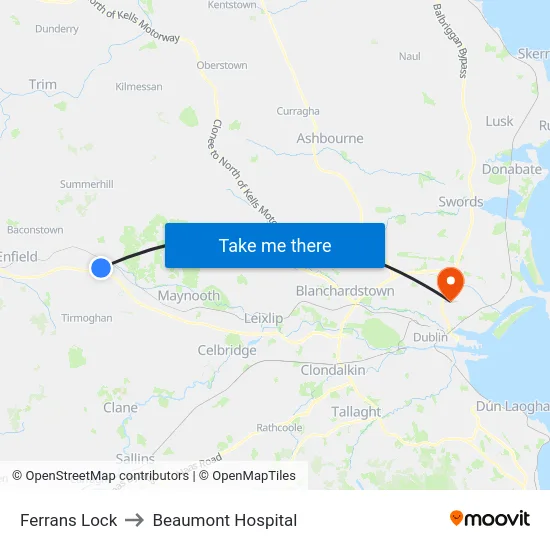 Ferrans Lock to Beaumont Hospital map
