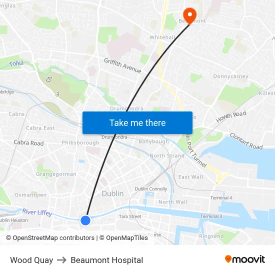 Wood Quay to Beaumont Hospital map