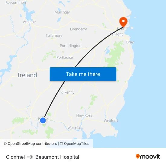 Clonmel to Beaumont Hospital map