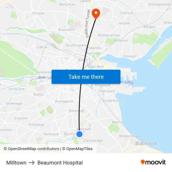 Milltown to Beaumont Hospital map