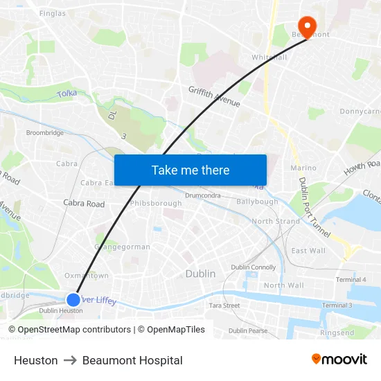 Heuston to Beaumont Hospital map