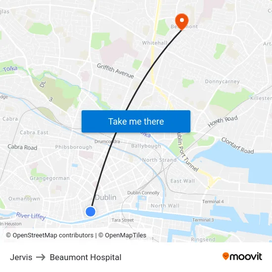 Jervis to Beaumont Hospital map