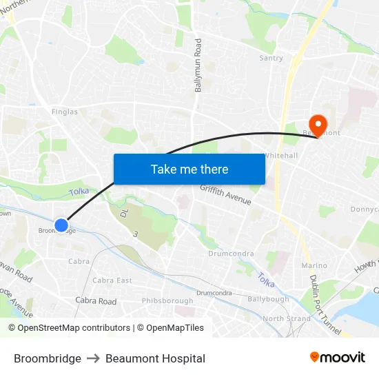 Broombridge to Beaumont Hospital map