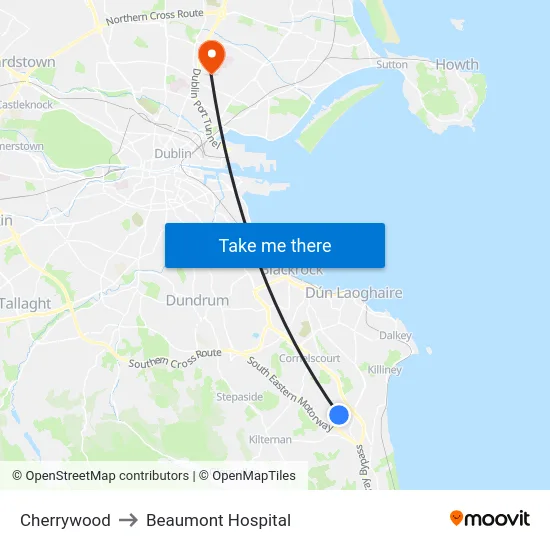 Cherrywood to Beaumont Hospital map