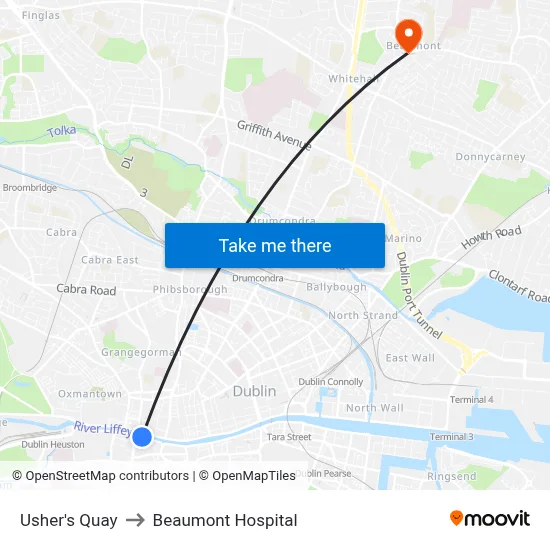 Usher's Quay to Beaumont Hospital map