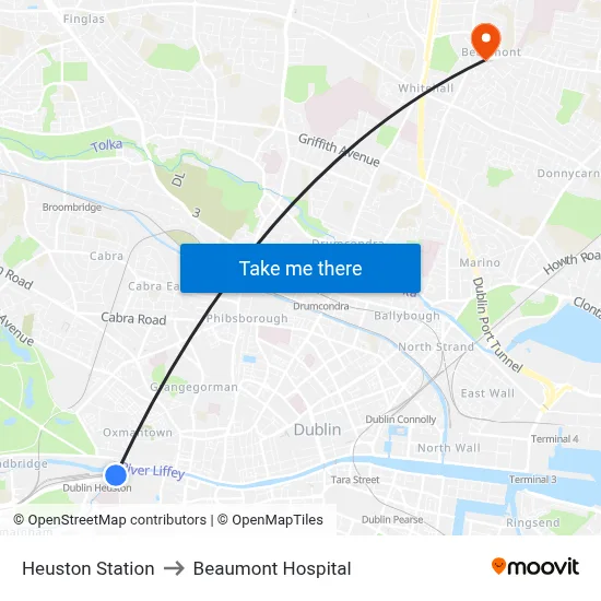 Heuston Station to Beaumont Hospital map