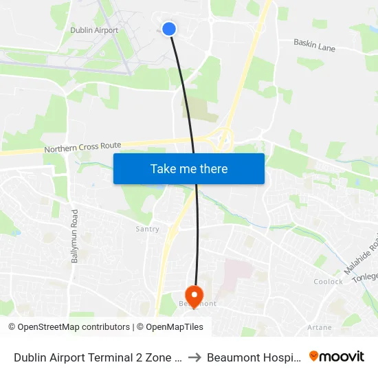 Dublin Airport Terminal 2 Zone 21 to Beaumont Hospital map
