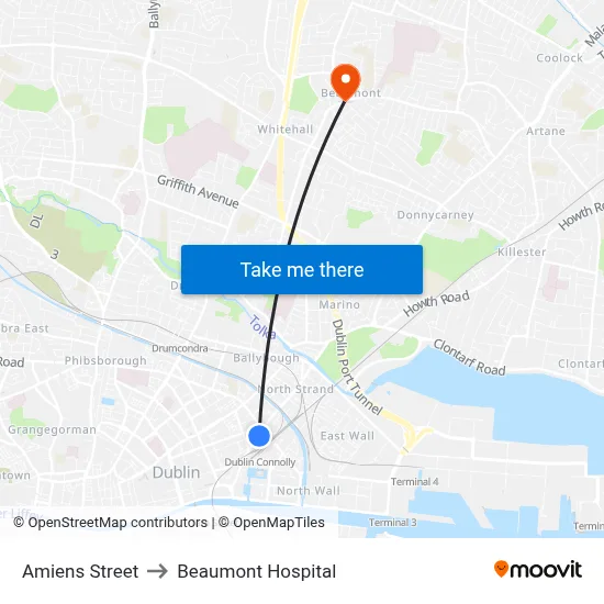 Amiens Street to Beaumont Hospital map