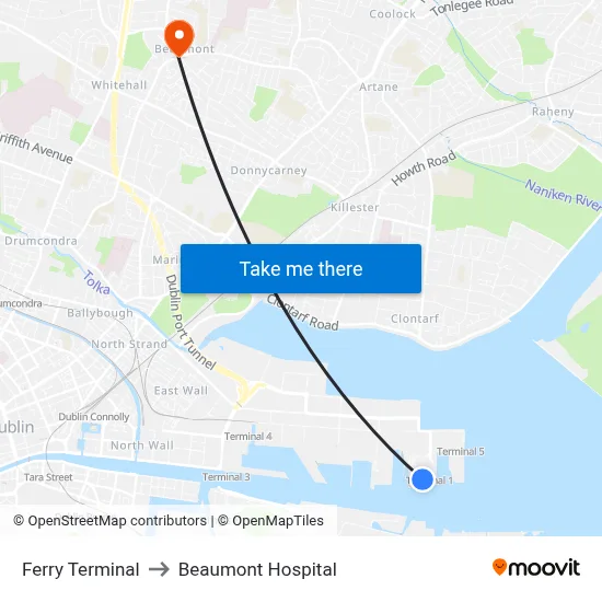 Ferry Terminal to Beaumont Hospital map