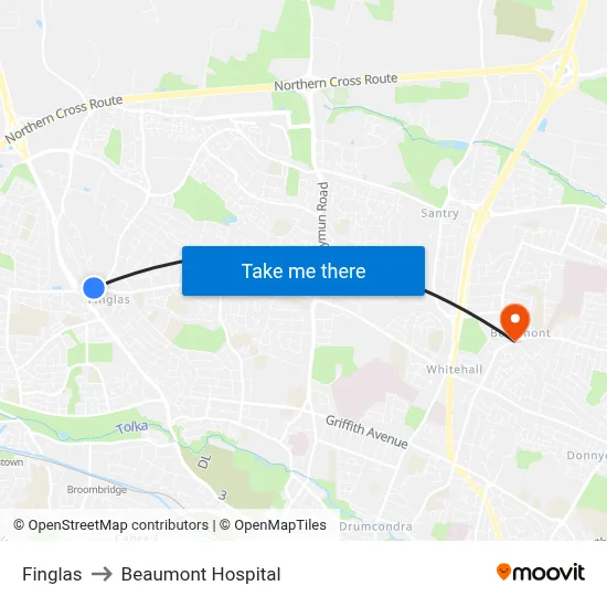 Finglas to Beaumont Hospital map