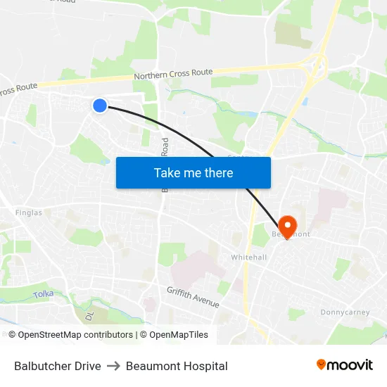 Balbutcher Drive to Beaumont Hospital map