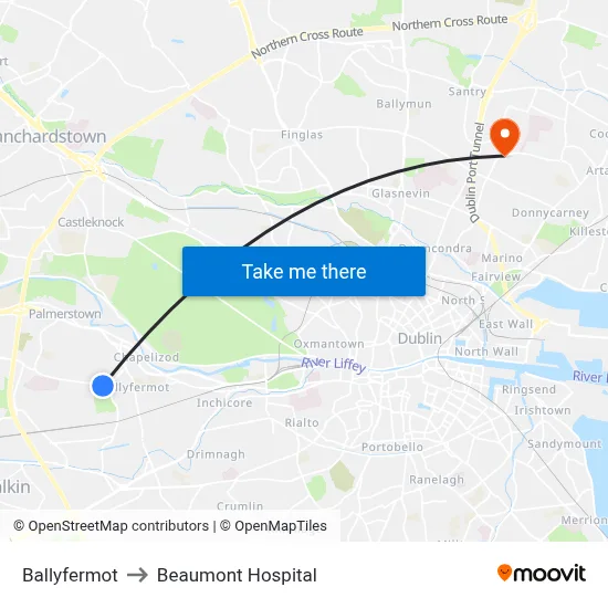 Ballyfermot to Beaumont Hospital map