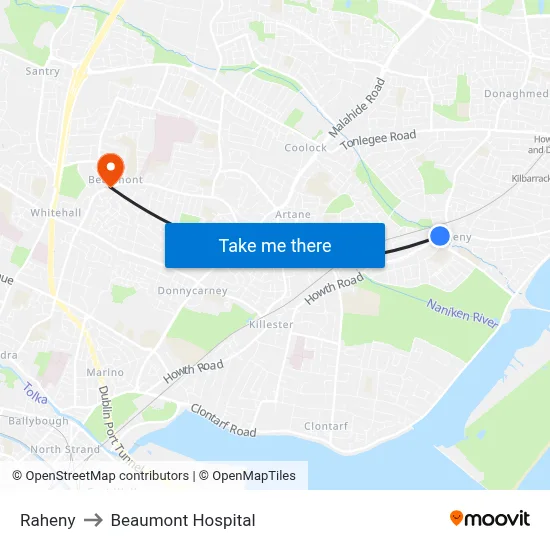 Raheny to Beaumont Hospital map
