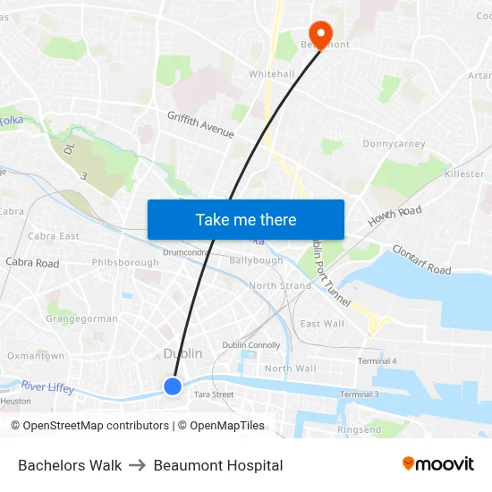 Bachelors Walk to Beaumont Hospital map