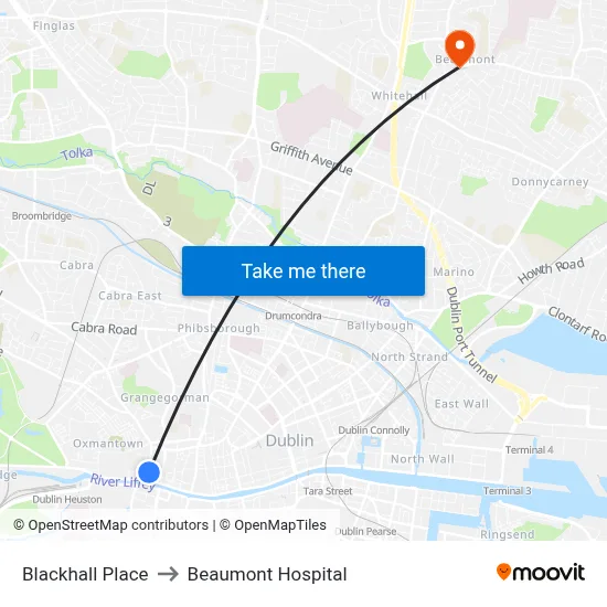Blackhall Place to Beaumont Hospital map