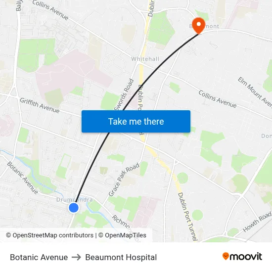 Botanic Avenue to Beaumont Hospital map