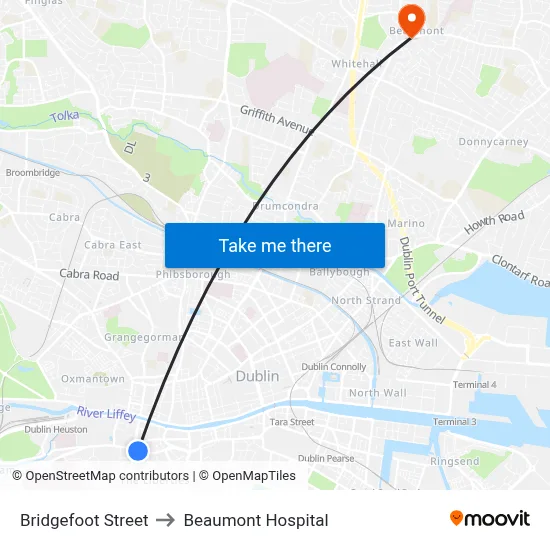 Bridgefoot Street to Beaumont Hospital map