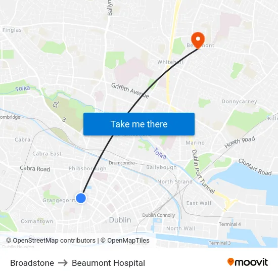 Broadstone to Beaumont Hospital map