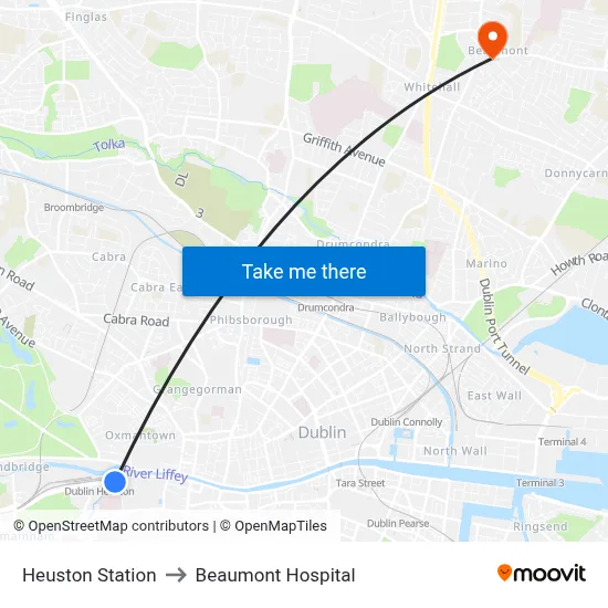 Heuston Station to Beaumont Hospital map