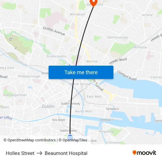 Holles Street to Beaumont Hospital map