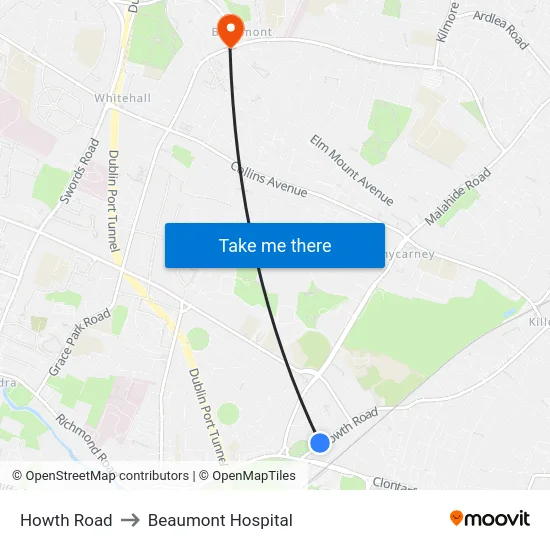 Howth Road to Beaumont Hospital map