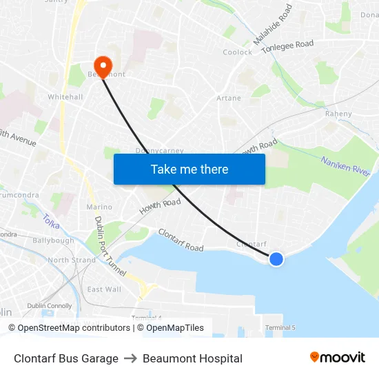 Clontarf Bus Garage to Beaumont Hospital map