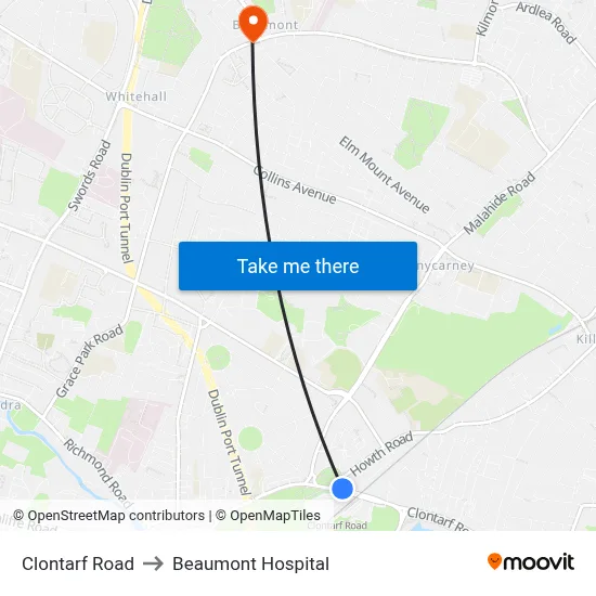 Clontarf Road to Beaumont Hospital map