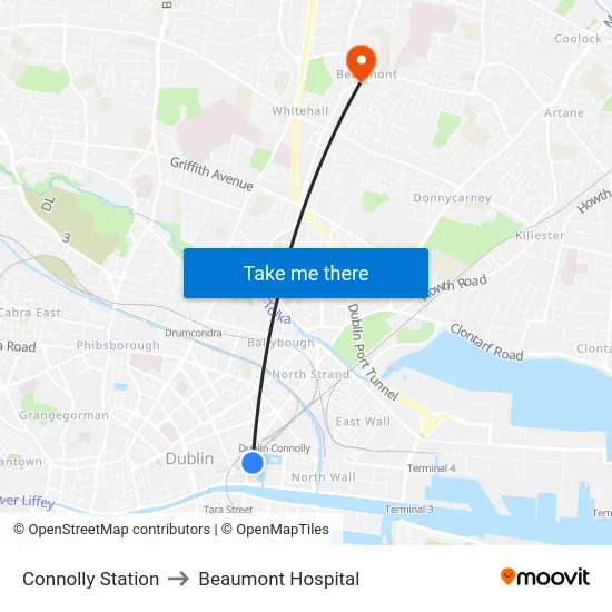 Connolly Station to Beaumont Hospital map