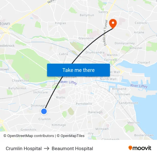 Crumlin Hospital to Beaumont Hospital map