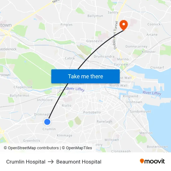 Crumlin Hospital to Beaumont Hospital map