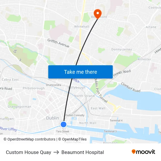 Custom House Quay to Beaumont Hospital map