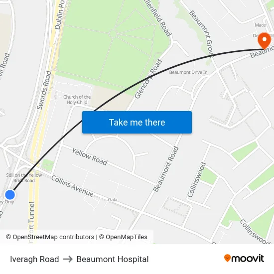 Iveragh Road to Beaumont Hospital map