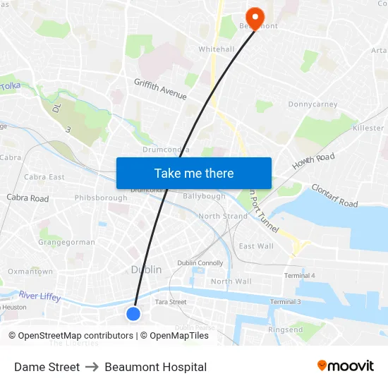 Dame Street to Beaumont Hospital map