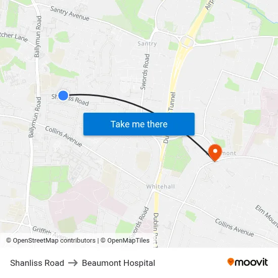 Shanliss Road to Beaumont Hospital map