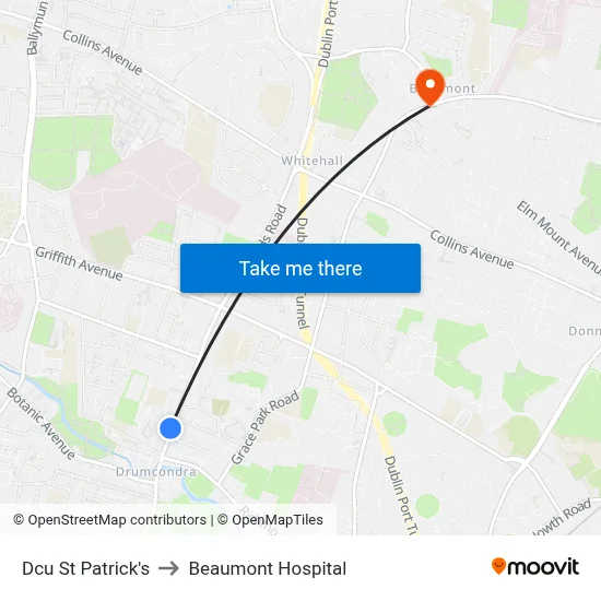 Dcu St Patrick's to Beaumont Hospital map