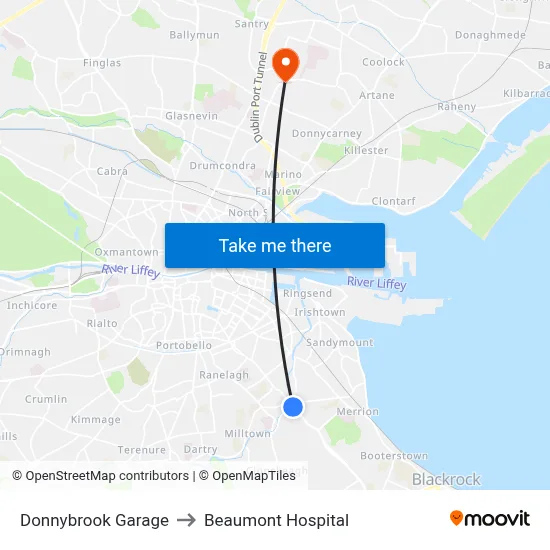 Donnybrook Garage to Beaumont Hospital map
