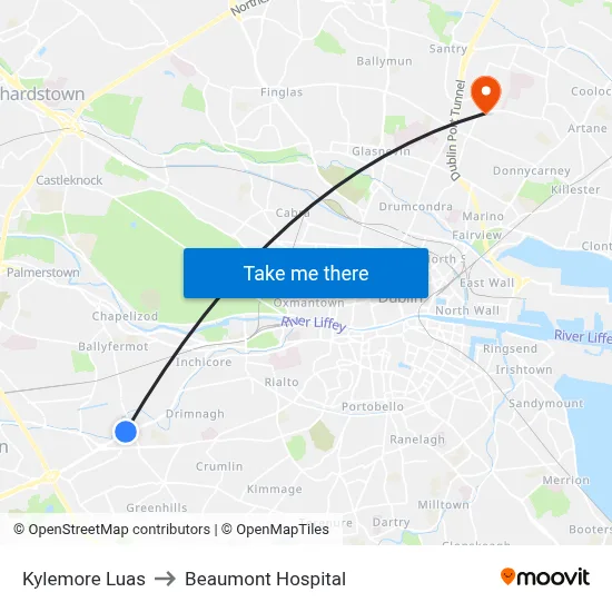 Kylemore Luas to Beaumont Hospital map