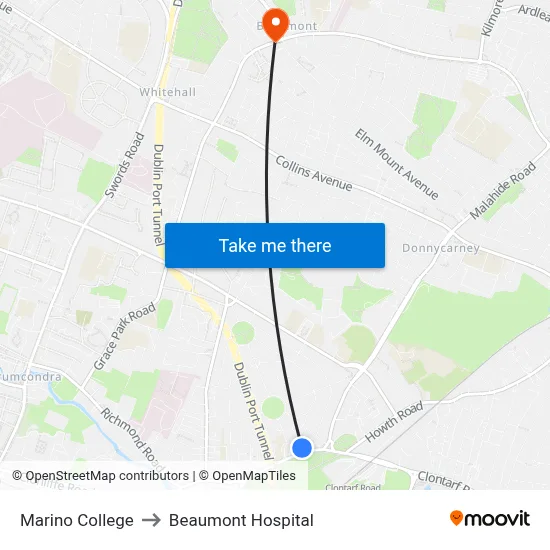 Marino College to Beaumont Hospital map