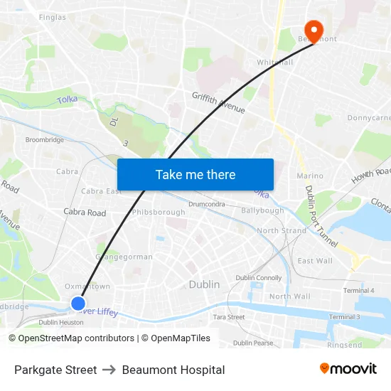 Parkgate Street to Beaumont Hospital map