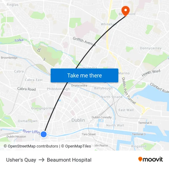 Usher's Quay to Beaumont Hospital map