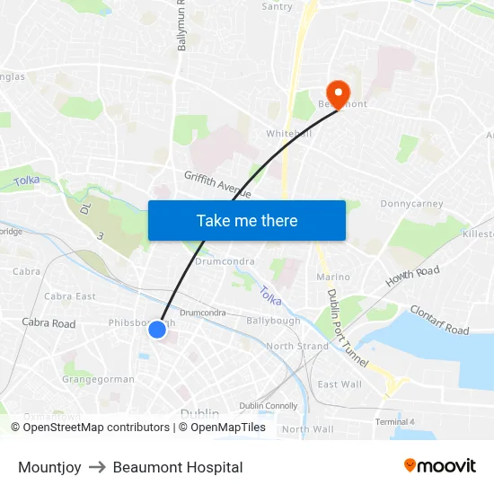 Mountjoy to Beaumont Hospital map