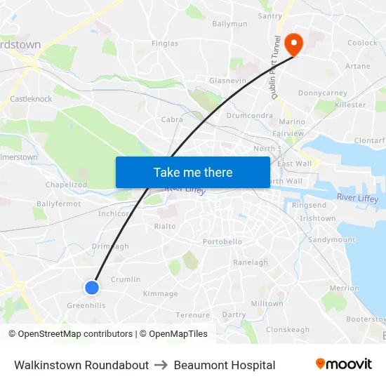 Walkinstown Roundabout to Beaumont Hospital map