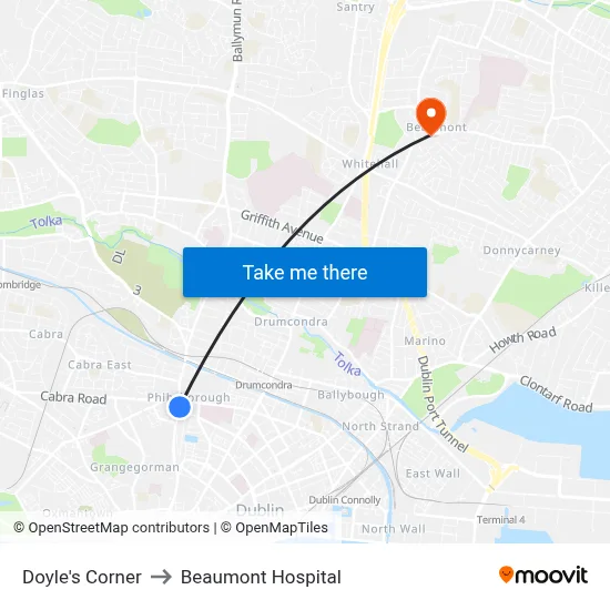 Doyle's Corner to Beaumont Hospital map