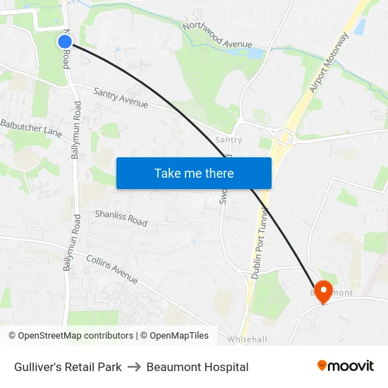 Gulliver's Retail Park to Beaumont Hospital map