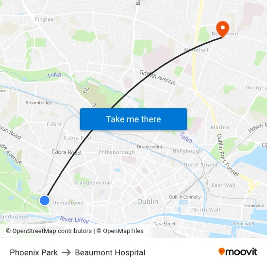 Phoenix Park to Beaumont Hospital map