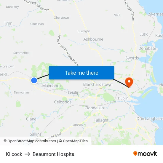Kilcock to Beaumont Hospital map