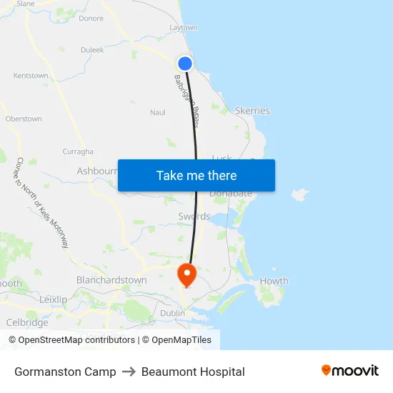 Gormanston Camp to Beaumont Hospital map