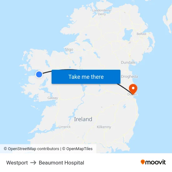 Westport to Beaumont Hospital map