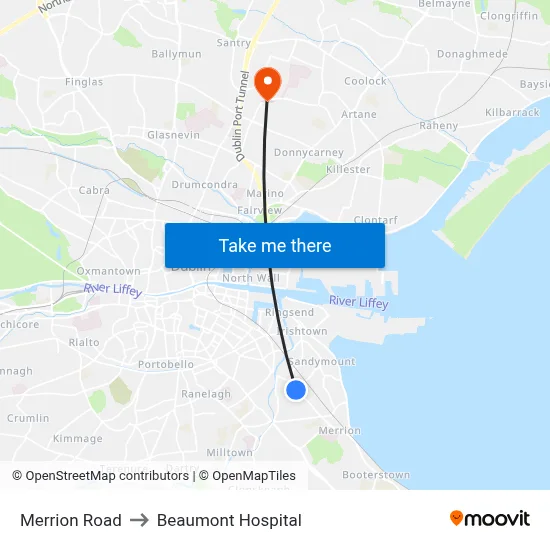 Merrion Road to Beaumont Hospital map
