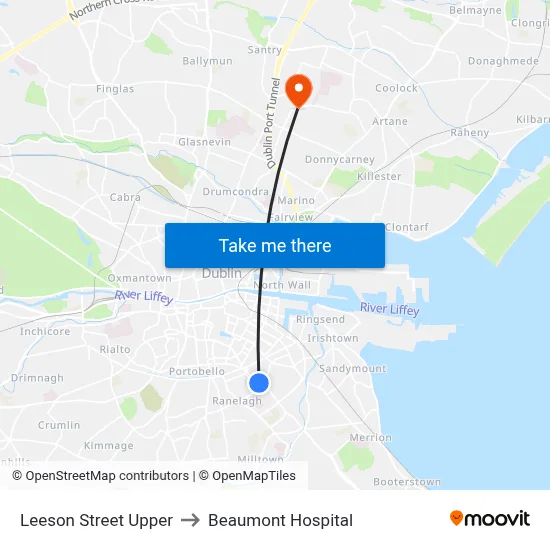 Leeson Street Upper to Beaumont Hospital map